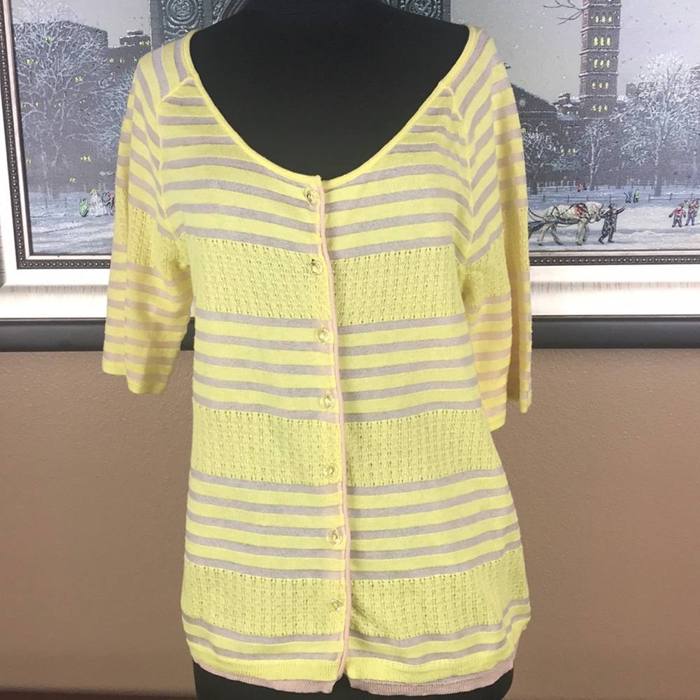 MOTH yellow and beige button front 1/2 sleeve striped sweater shirt womens Large - Picture 1 of 6